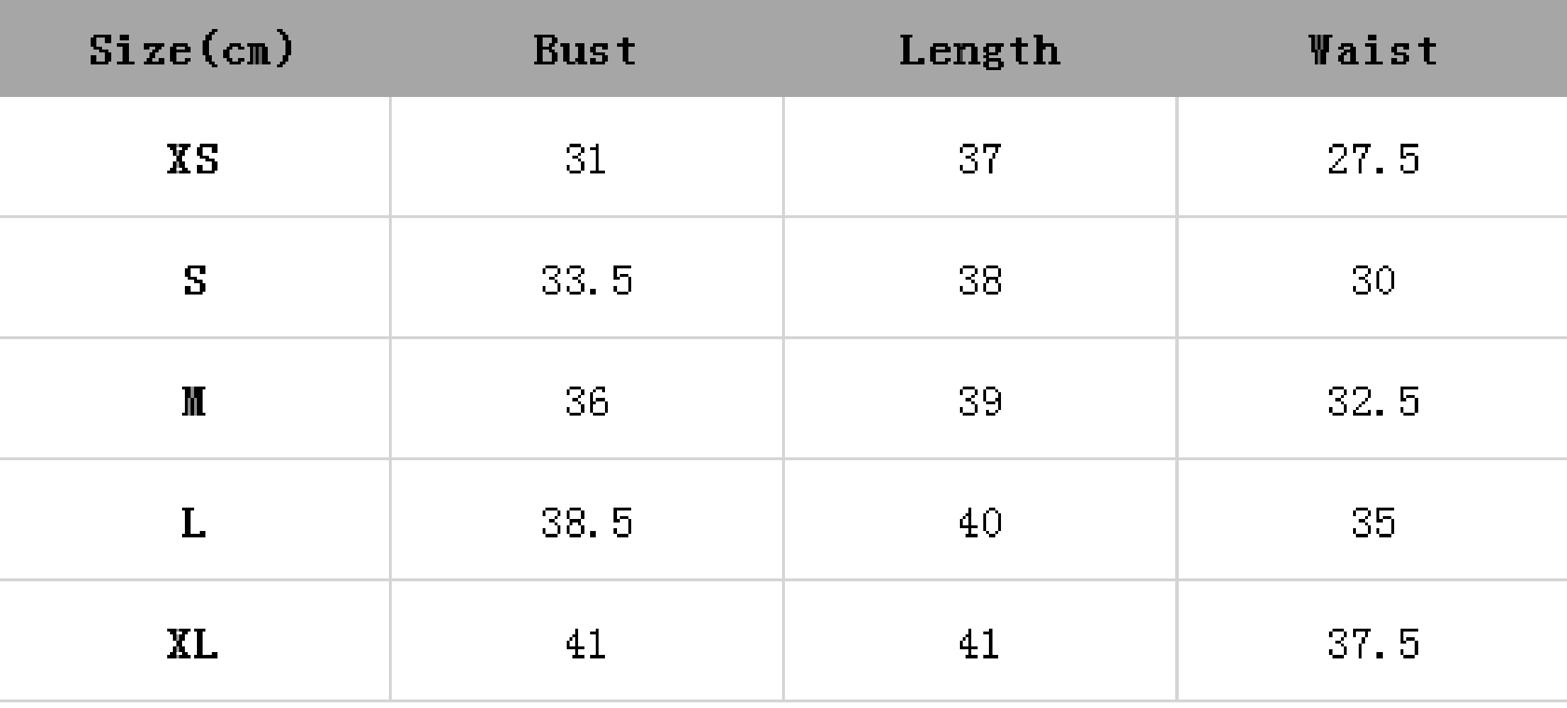Crop Tops Size Chart